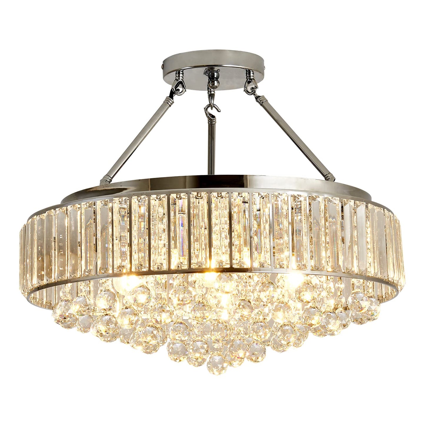 YYJLX 6 Light Modern Large Round Crystal Chandelier Chrome Semi Flush Mount Ceiling Light Fixtures E26 Ceiling Lamp for Dining Room Living Room Laundry Room Foyer Kitchen Balcony Bedroom(Silver).