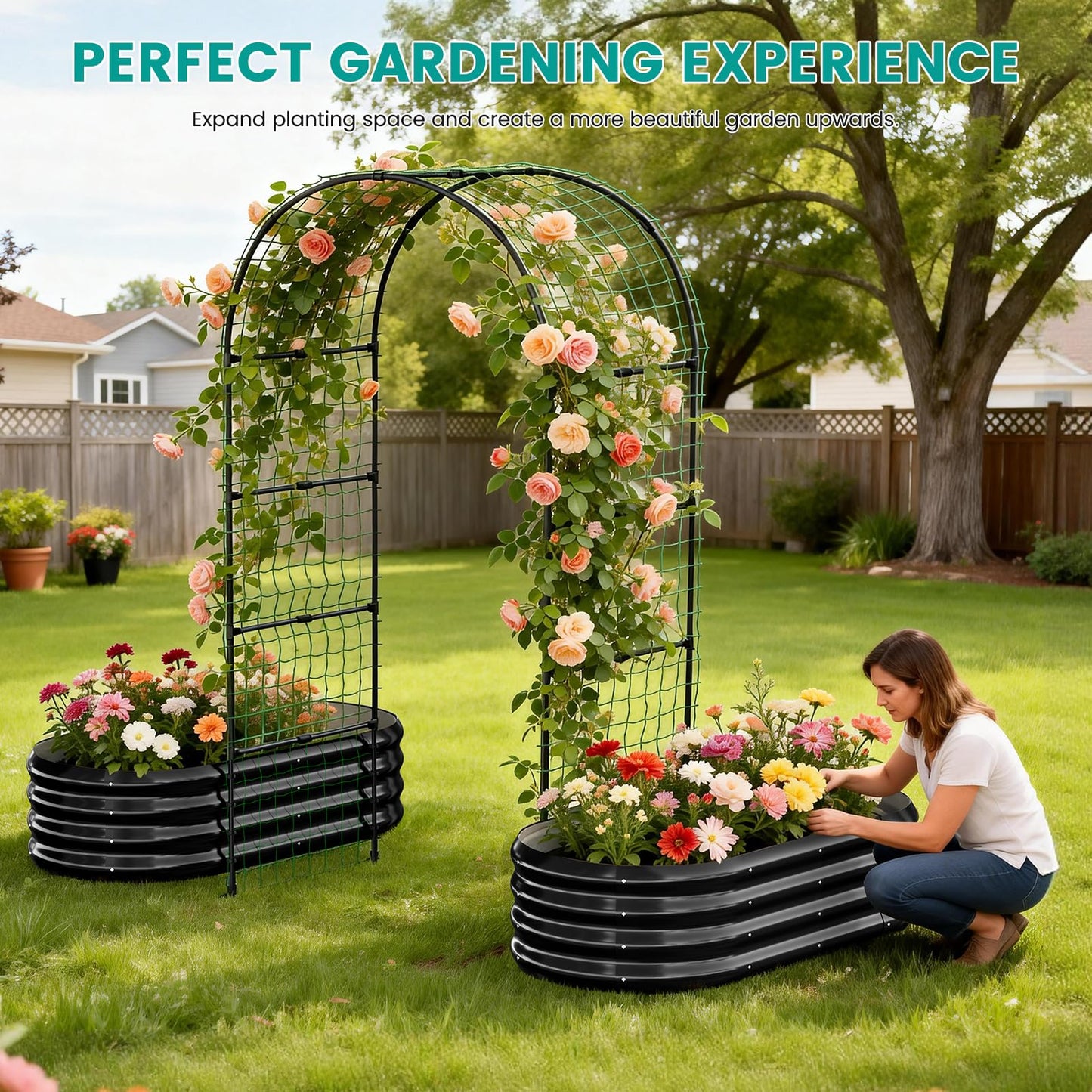 SUNYRISY Galvanized Raised Garden Bed with 87" H Arch Trellis for Climbing Plants Outdoor, Metal Planter Box with Netting for Gardening Flowers Vegetables Fruit Herb, Black