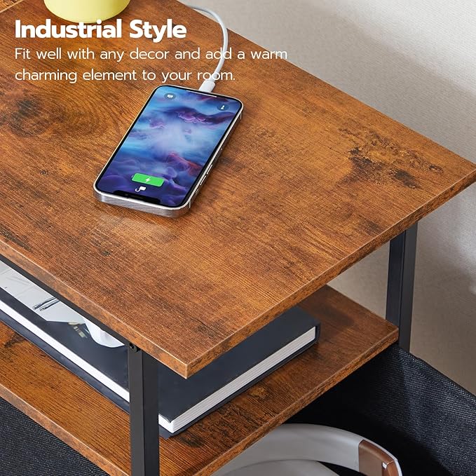 HOOBRO End Table with Charging Station, Nightstand with 2 Non-Woven Drawers