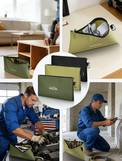 EVOULTES 12 Inch Tool Pouches with Zipper, Small Tools Bags with Carabiner, Multi Purpose Utility Organizer Bags for Tools (3 Pack in Tan, Navy Green, Black)