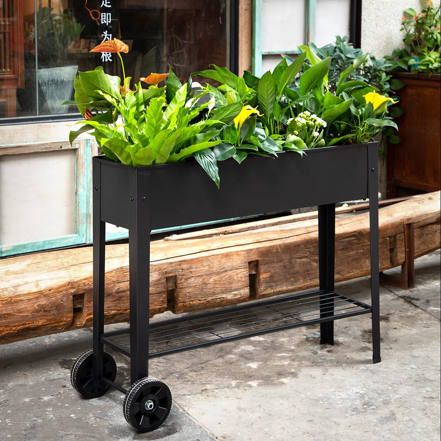 VEOAY Piksedo Raised Garden Bed, Elevated Planter Metal Plant Box with Wheels with Legs Standing Garden Stand Drainage Holes Frosted Black