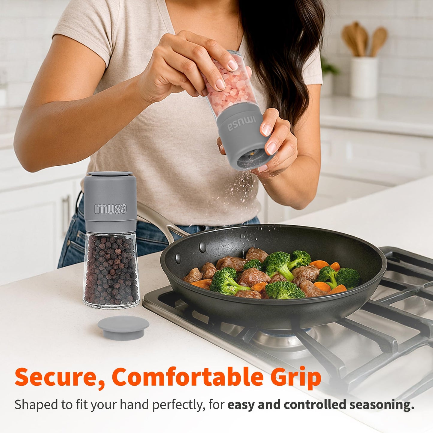 IMUSA Salt and Pepper Grinder Set – 2-Pack Manual Salt Grinder & Pepper Mill with Adjustable Ceramic Grinder for Coarse to Fine Spices, 4oz, Refillable Glass Base, Easy-Grip Salt & Pepper Set