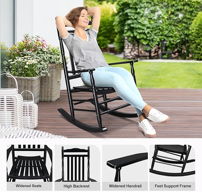 VINGLI Wooden Rocking Chair, Outdoor Chair with 450 lbs Support, Relaxing Rocker with Solid Wood High Back Seat Reclining Seat for Deck, Garden, Backyard, Porch, Indoor or Outdoor Use (Black, 2PCS)