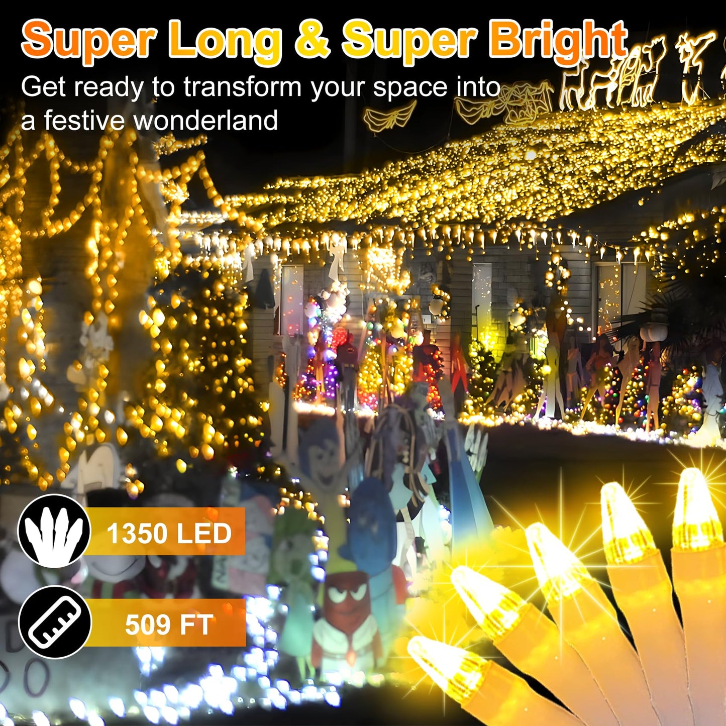 509FT Christmas Lights Outdoor 1350 LED Christmas Tree Decorations Lights with 8 Modes & Timer Memory, Plug In Clear Wire Waterproof LED Xmas Lights for Yard Trees Wedding Party Holiday (Warm White)