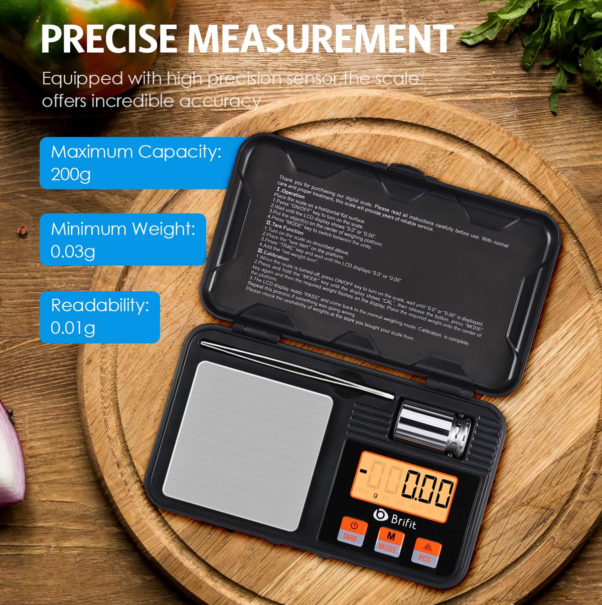 Brifit Digital Pocket Scale, Precision Mini Scale with Backlit LCD, PCS, Tare Function, 200g/0.01g Digital Scale with 50g Calibration Weights for Chiristmas Gift (Batteries, Tweezers Included)