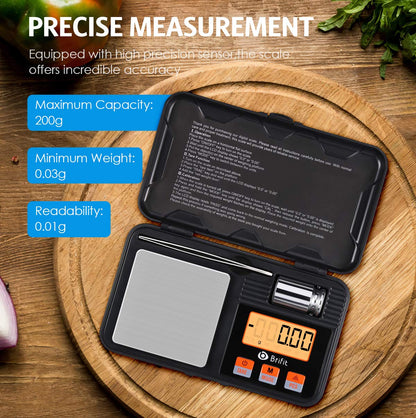 Brifit Digital Pocket Scale, Precision Mini Scale with Backlit LCD, PCS, Tare Function, 200g/0.01g Digital Scale with 50g Calibration Weights for Chiristmas Gift (Batteries, Tweezers Included)