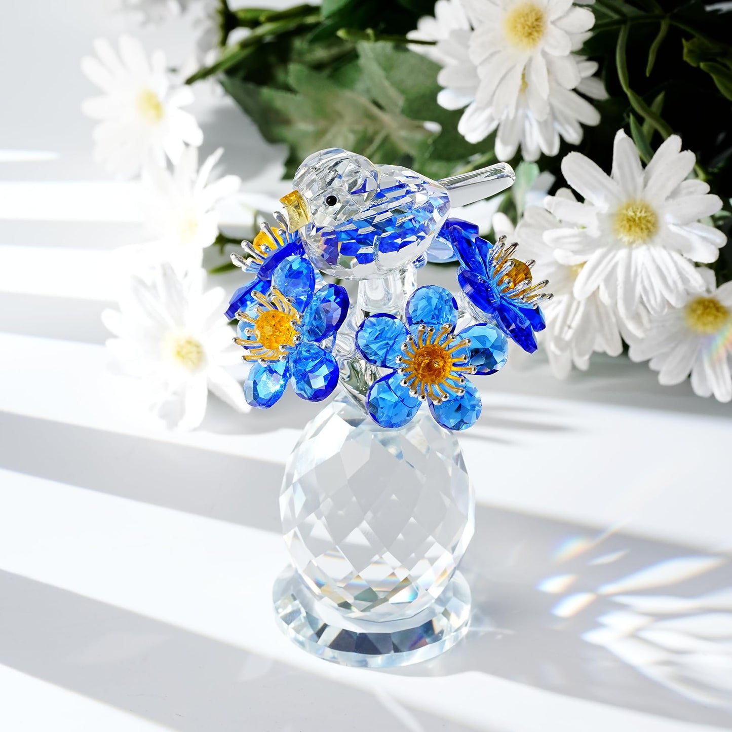 CNCRMEM Crystal Bird & Forget-Me-Not Flower Figurine,3x4 inch Glass Flower Collectible Ornaments for Home Decor Table Centerpiece Glass Bouquet Flowers Keepsake Gifts for Women （Blue）