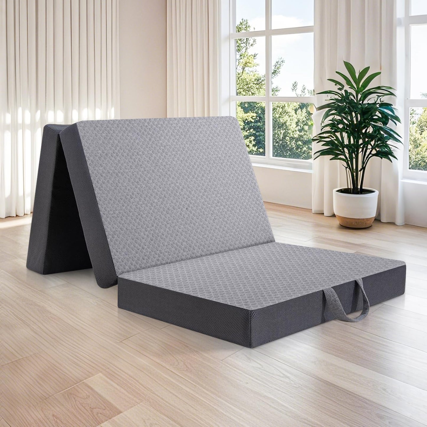Comtrihion Portable Tri-Fold Memory Foam Mattress – 4-Inch Single Size Foldable Mattress with Washable Cover, Handle & Non-Slip Base for Travel, Camping, RV, Guest Rooms & Yoga