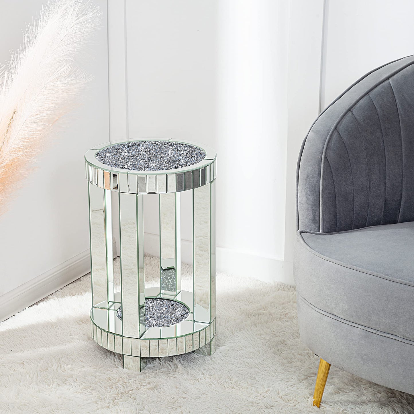 SHYFOY Mirrored Round End Table with Crystals Inlay, 2-Tier Modern Glass Small Sofa Table with Storage, Silver Accent Table for Living Room, Bedroom and Small Spaces