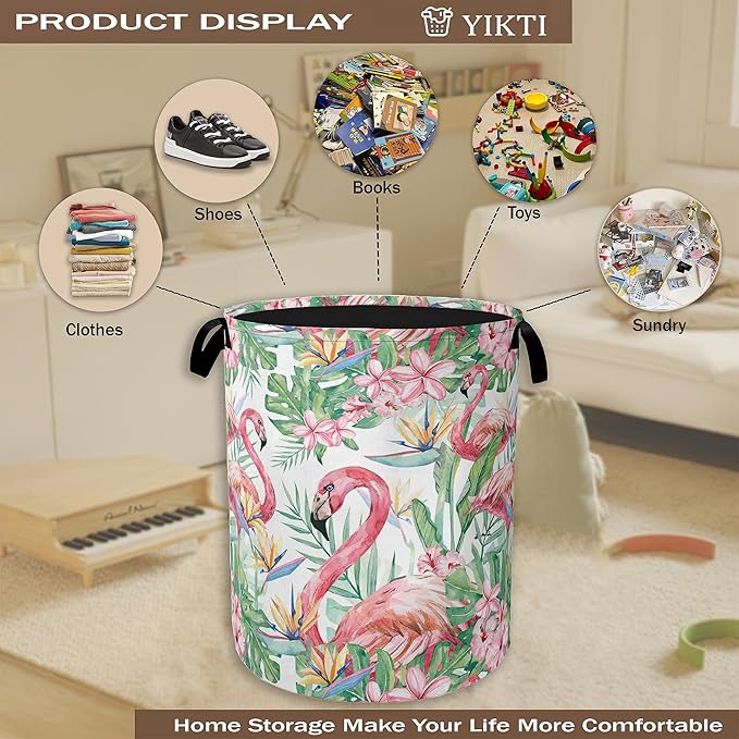 Watercolor Flamingo Laundry Hamper, Tropical Flower Leaves Clothes Hamper