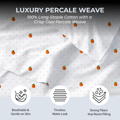 Mayil Manor Queen Size Fitted Sheet with 18" Deep Pockets, No Flat - Percale Weave Natural - Breathable 100% Cotton Printed Bedding, 1 Fitted Sheet + 2 Pillowcases - Peach Dot Print