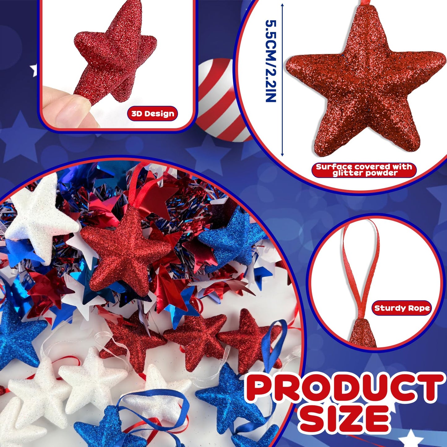 Patriotic Star Tree Ornaments 4th of July Star Hanging Decorations 24 Pcs Red Blue White Stars Tree Ornament Memorial Day Independence Day Hanging Stars for Patrictic Veteran Day Home Decor