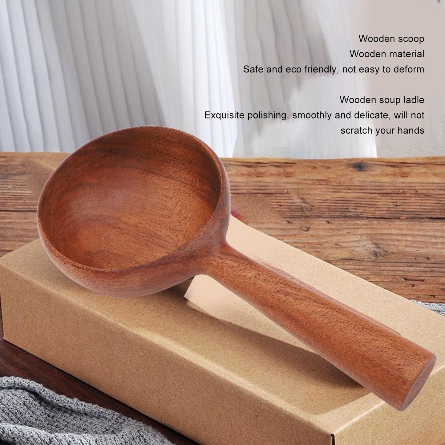Wooden Scoop for Kitchen, 4.3 Inch Large Wooden Serving Spoon for Flour Sugar Coffee Beans, Long Handle Deep Jar Scoop for Canisters Bath Salt Pet Food, Multipurpose Solid Wood Rice Soup Ladle