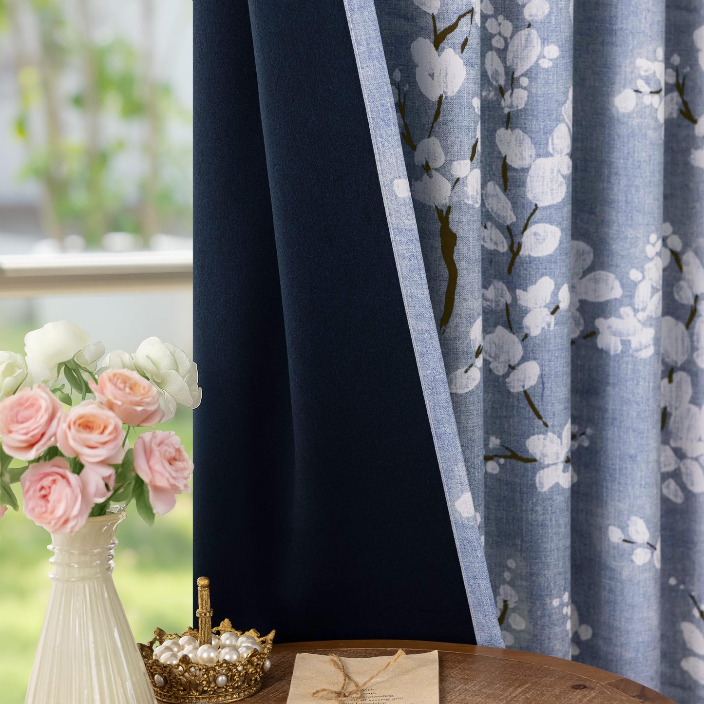 FMFUNCTEX 100% Blackout Floral Curtains for Bedroom, Blue Curtains 63 inch Length Blossom Flower Patterned for Living Room, Thermal Insulated Farmhouse Drapes, Grommet Top 2 Panels (White on Blue)