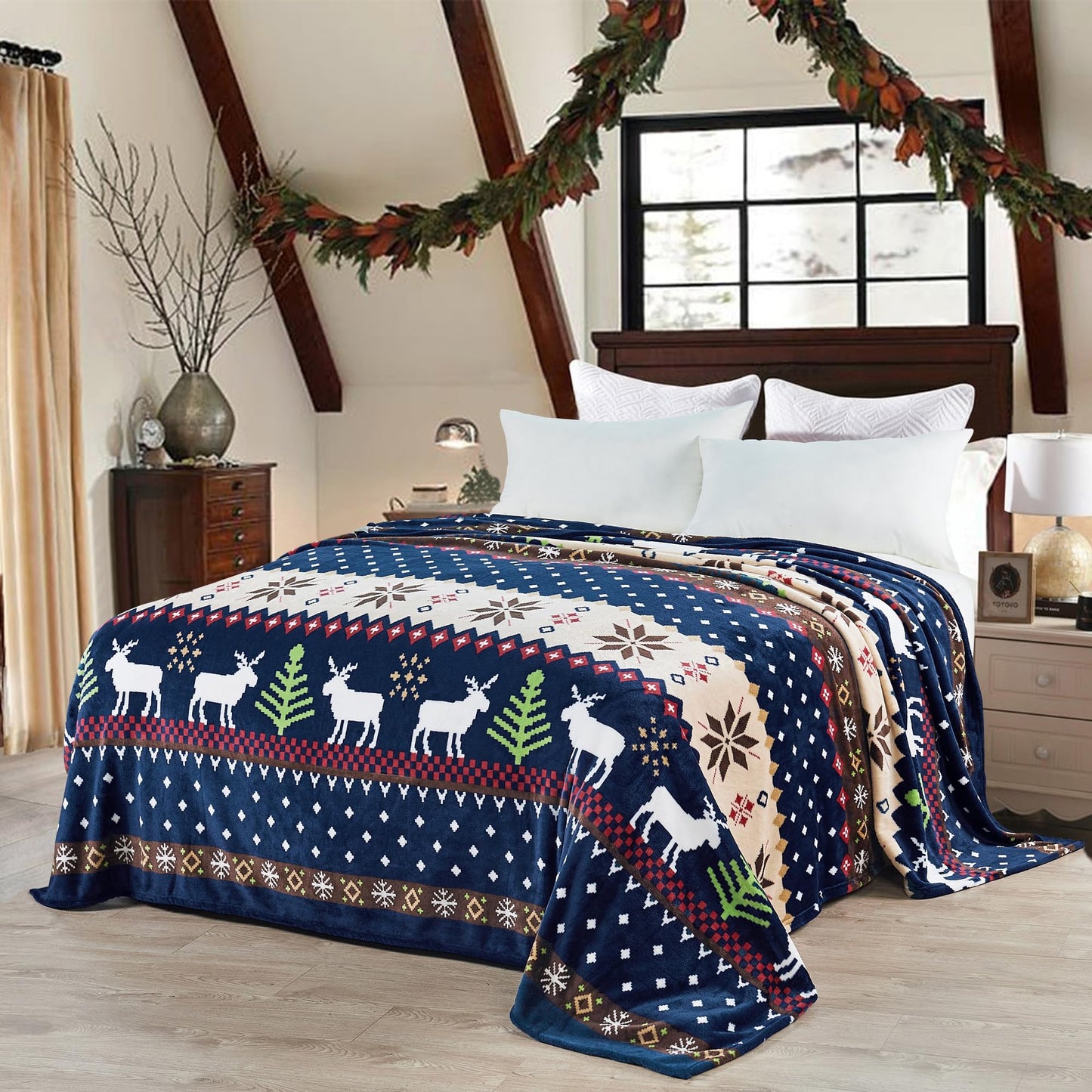 Home Soft Things Christmas Collection Flannel Fleece Blanket, Queen, Blue Christmas Deer, 90" x 90", Winter Warm Cozy Throw Blanket for Bed Home Décor