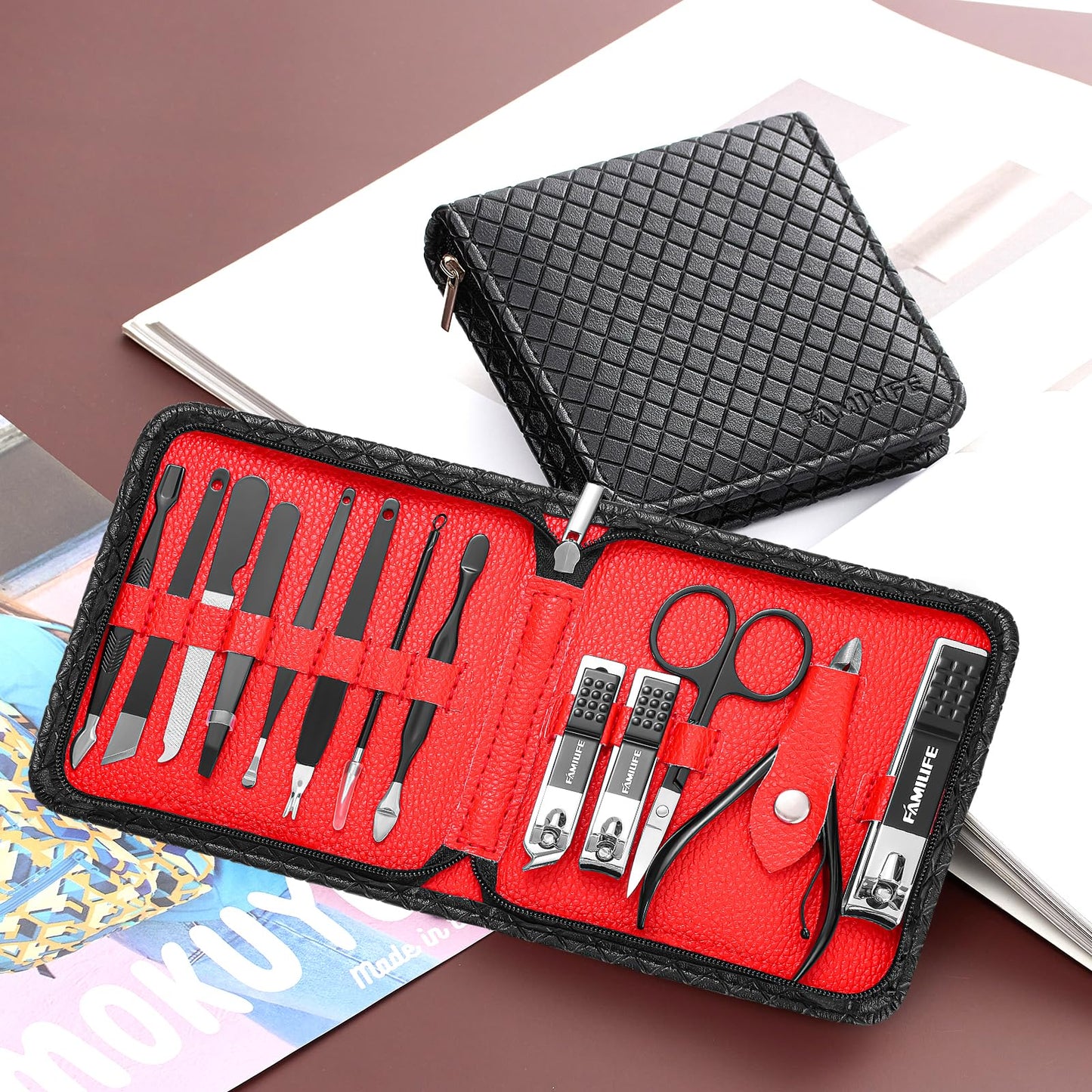 FAMILIFE Manicure Set, Nail Professional Kit Manicure Kits Nail Clipper Sets, 13PCS Stainless Steel Pedicure Sets Mens Grooming Tool, with Brown Leather Travel Case for Men