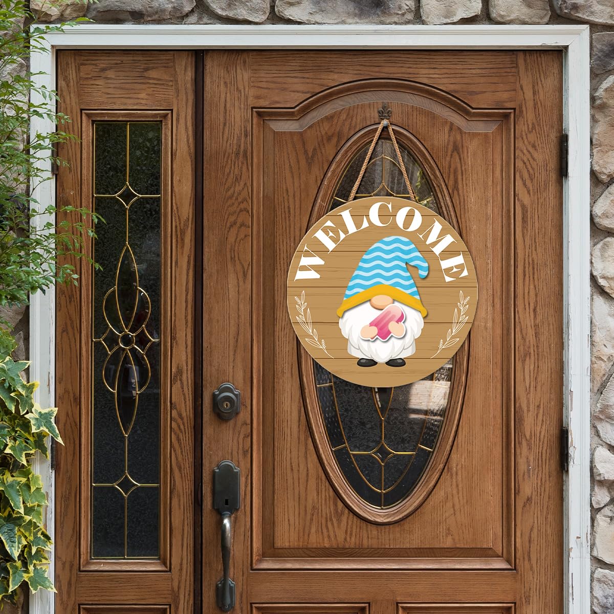 Interchangeable Gnome Welcome Sign Summer Patriotic 4th of July Porch Decor, Changeable Wooden Gnomes Front Door Decoration Wreath Hanger for Spring Fall Winter All Seasons Holiday, Fulvous