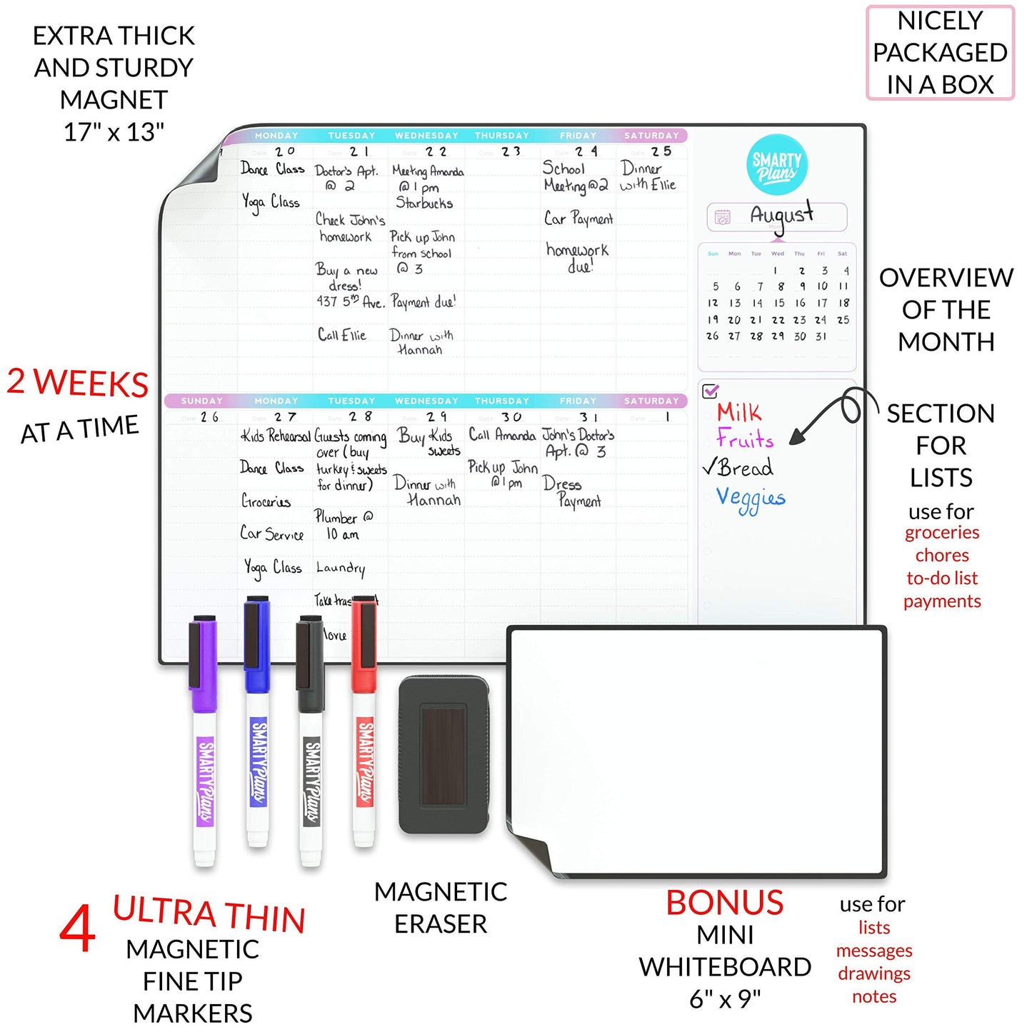 SmartyPlans Dry Erase Weekly Extra Thick Magnetic Calendar for Refrigerator: 17x13 Two Week Planner and 6x9 White Board, 4 Fine Tip Markers and Eraser with Magnets. Stain Resistant. Shipped Flat.