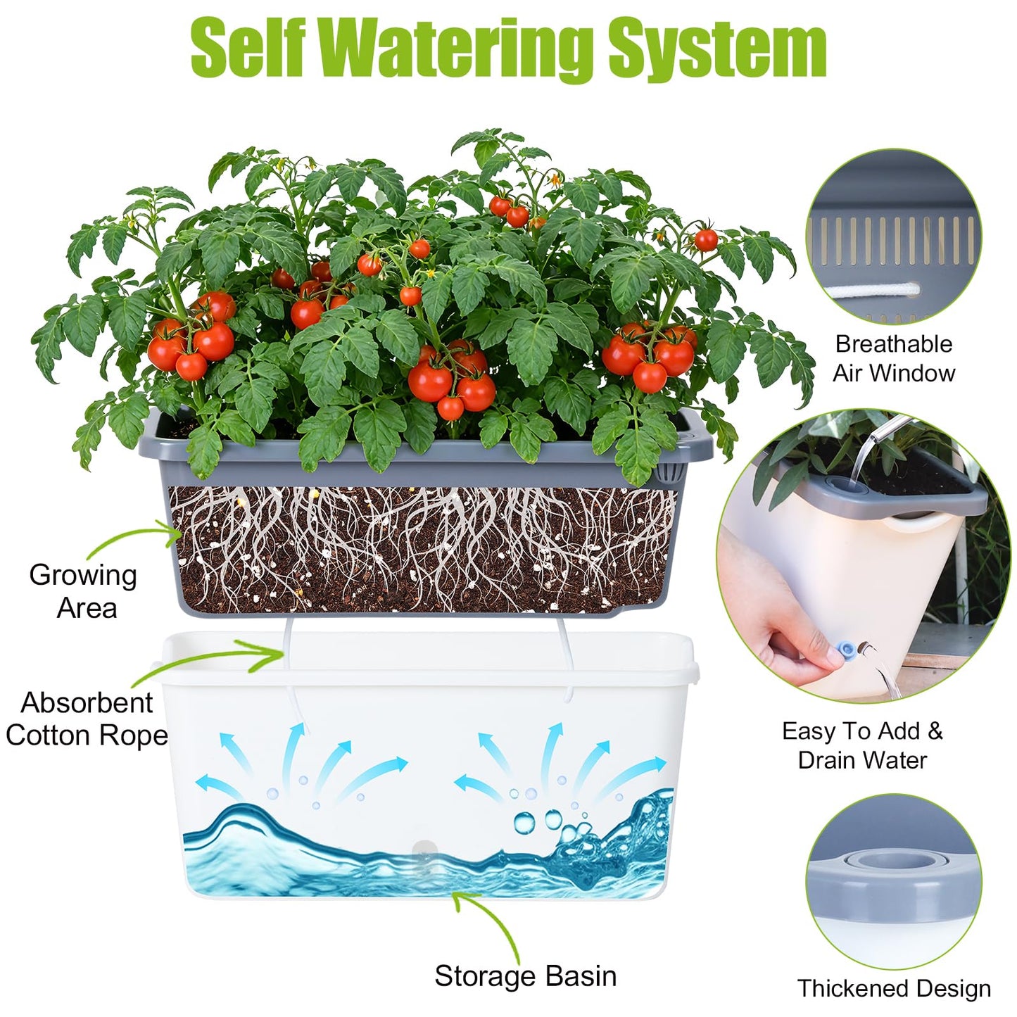 Oliz Window Box Planter 4 Packs, 14 Inches Rectangle Flower Pots with Breathable Drainage Holes, Pots for Vegetables, Herbs, Flowers, Garden Windowsill Balcony (White & Grey)