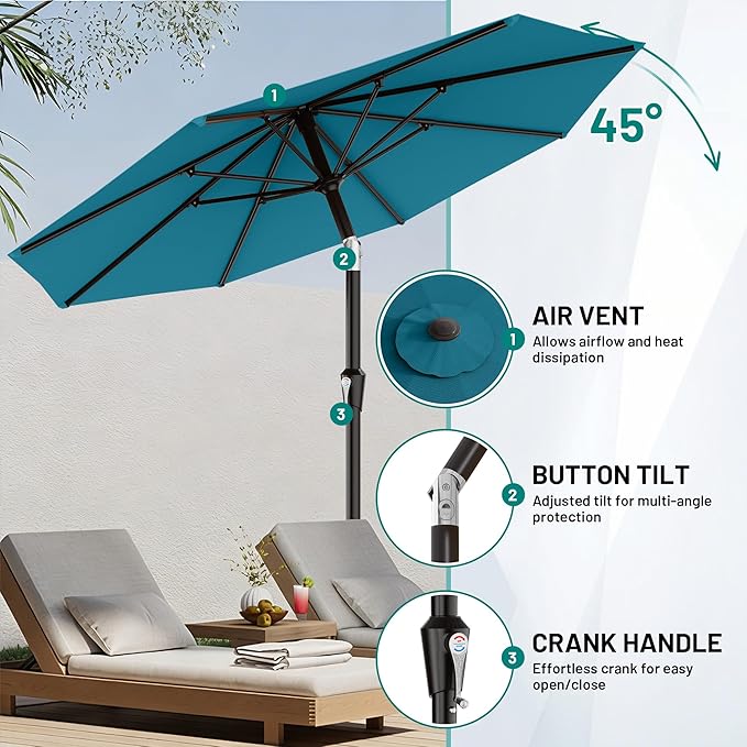 AreShark 9 FT Patio Umbrella for Outdoor, Outdoor Table Umbrella with Push Button Tilt and Crank, Outdoor Patio Umbrellas with 8 Sturdy Ribs for Market, Garden, Pool (Lake Blue)