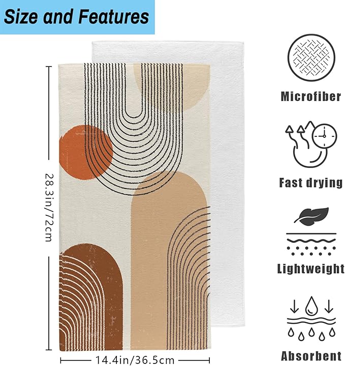 Boho Geometric Sun and Rainbow Kitchen Hand Towel Set of 2, Abstract Bohemian