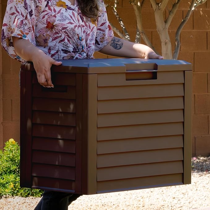 IRIS USA 35-Gallon Outdoor Deck Storage Box, Lockable & UV-Protected, Weather-Resistant Patio Storage for Cushions, Garden Tools & Packages, Waterproof Resin, Durable & Stylish Design - Brown