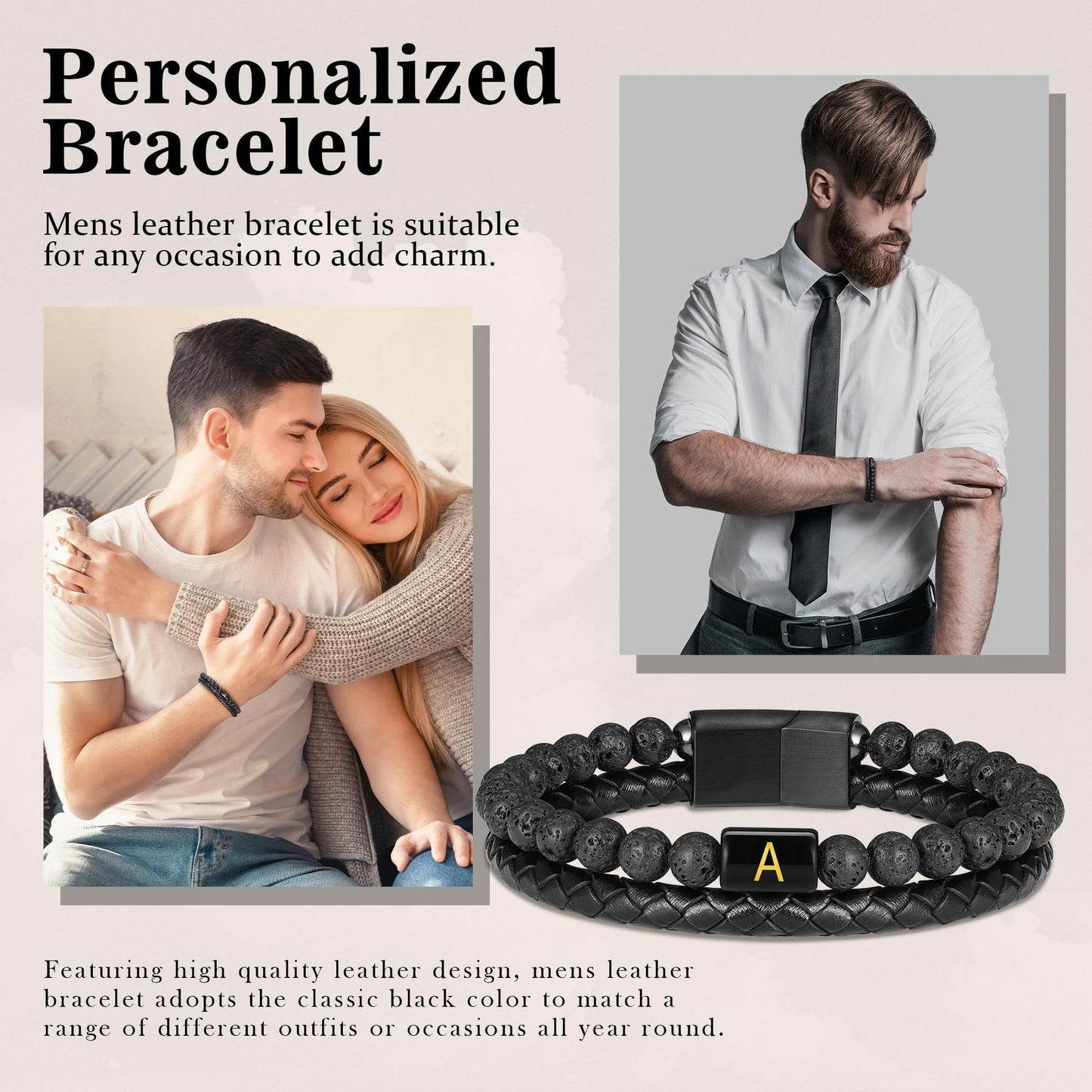 Mens Leather Bracelet with Initial - Men Gift Lava Rock Bead Magnetic Clasp Black Leather Bracelets Mens Gifts Men Bracelets with Initial W Bracelet for Men's Jewelry Men's Gifts for Dad Husband Him