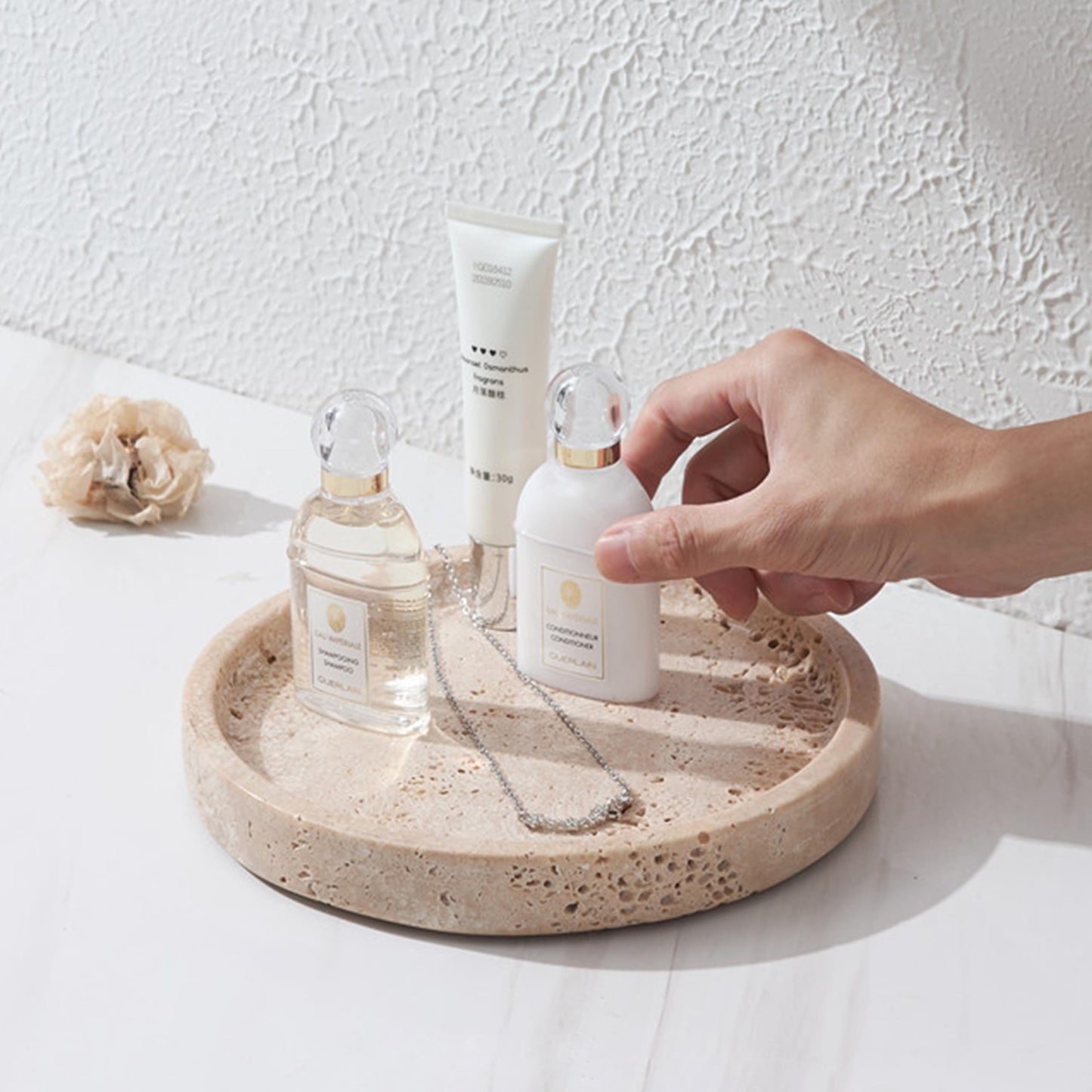 Real Travertine Tray for Jewelry, 7.9 Inch Round Marble Tray Trinket Dish, Vanity Tray for Women's Gift, Decorative Tray for Bathroom Kitchen Counter, Nightstand, Dresser, Table & Home Decor(Beige)