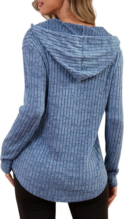 Lylinan Womens Cozy Knit Sweaters Hoodies Ribbed V Neck Pullover Sweatshirts for Fall Outfits S-XXL