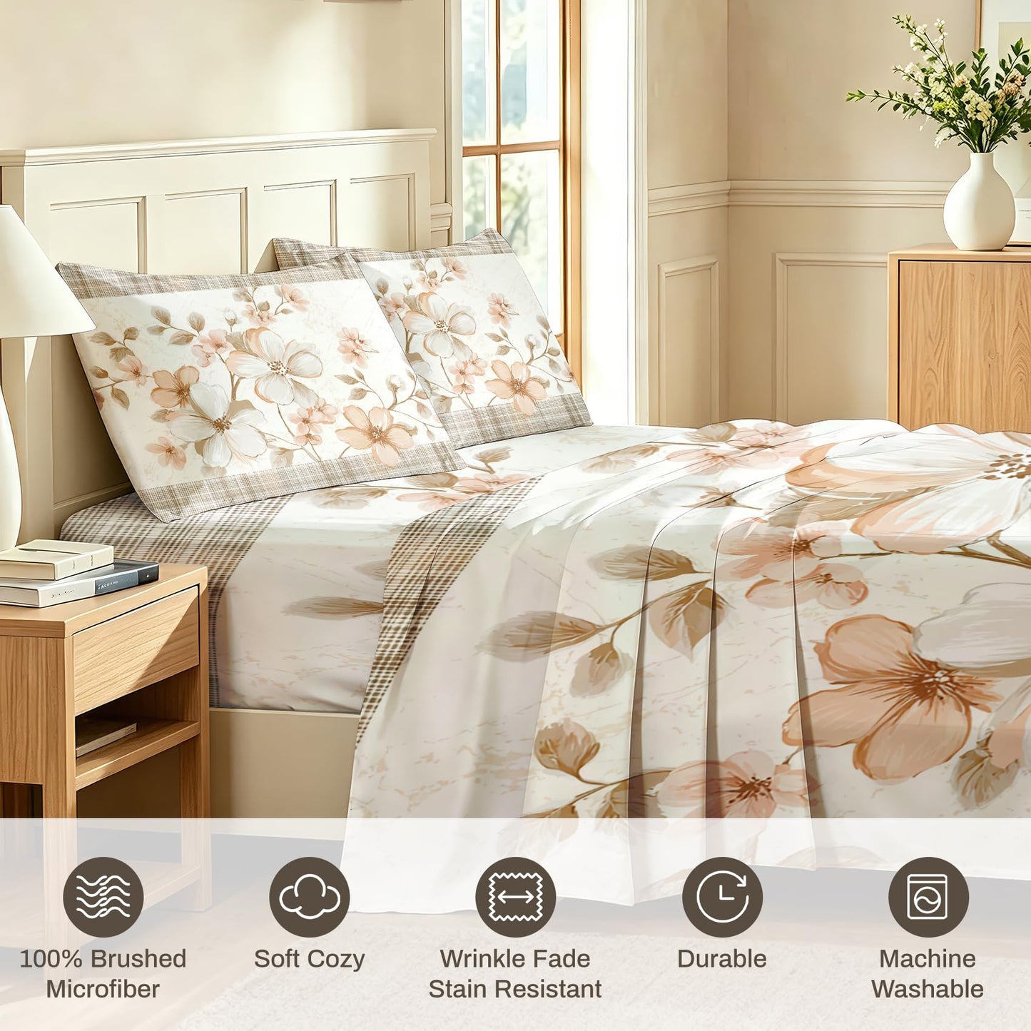 Plaid and Floral Queen Sheet Set Farmhouse Flat Fitted Sheet Sets
