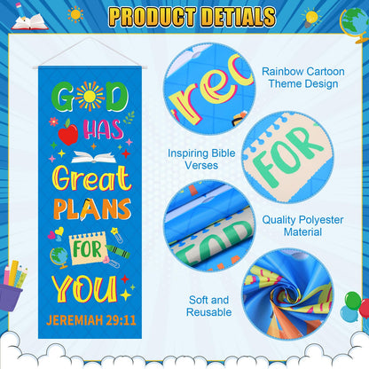 Panelee 4 Pcs Church Banners for Sanctuary Wall Rainbow Cartoon Church Banners with Scripture Inspirational Religious Praise Bible Verses Hanging Backdrop Signs for Sunday School Worship Decoration