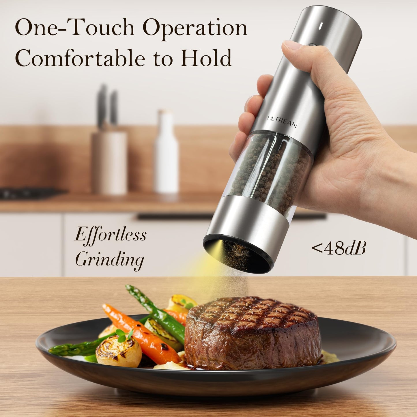 Ultrean Salt and Pepper Grinder Set, Rechargeable Salt and Pepper Shakers, 6 Adjustable Coarseness, LED Light, Kitchen Gadget Cooking Gifts Valentines Day Gifts for Him Her Mom Dad, Stainless Steel