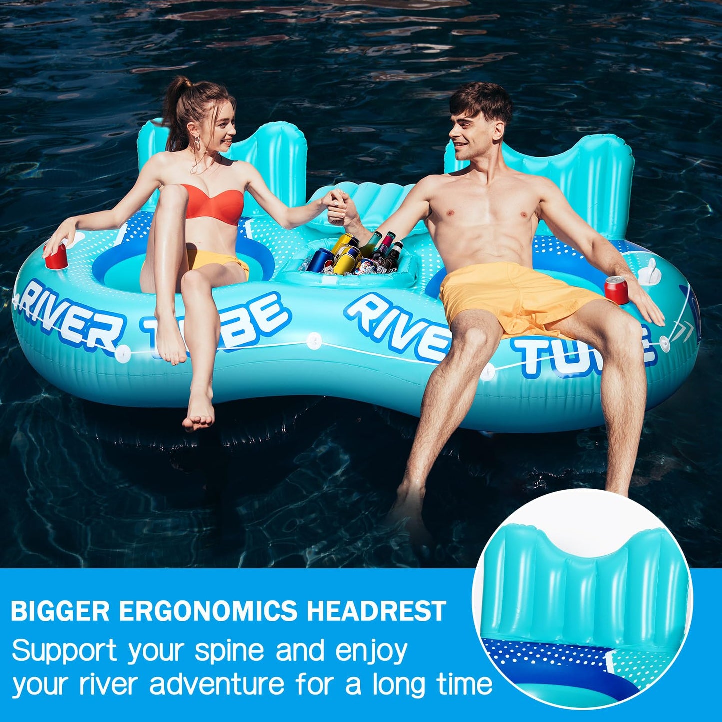 Glimin 3 Pcs Inflatable River Tube Float, 2 Person Heavy Duty Pool Float with Built in Cooler, Ergonomic Backrest and Cup Holders for Adults, Lake Water Tubes for Floating Summer Relaxation