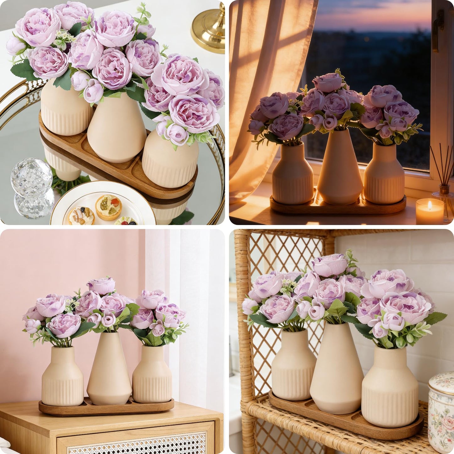 Nagobi Flower Table Centerpiece - Dining Table Centerpiece Decor Set of 3 Fake Peonies in Ceramic Vases & Wood Tray Modern for Kitchen Island Living Room Coffee Table Home Decor (Light Purple)