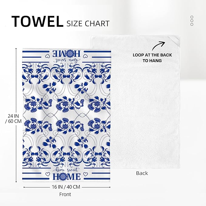 Blue Kitchen Towels Decorative Set of 2, Absorbent Boho Floral Dish Towels