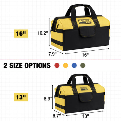 HISEA 3 Pack Heavy Duty Tool Bag with Storage Pockets, 16-Inch Tools Organizer Tote with Wide Base, Waterproof Durable Tool Bags with Zipper for Electrician, Tradesman (Red, Yellow, Blue)