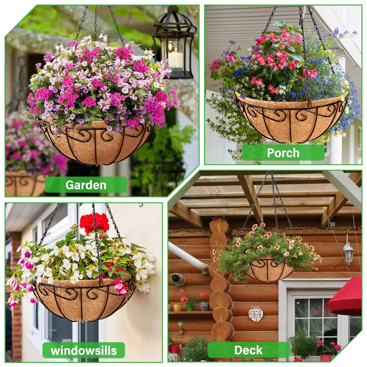 Legigo 6 Pack 10 Inch Metal Hanging Baskets for Plants Outdoor- Round Wire Hanging Planters Basket with Coconut Coir Liner, Hanging Flower Pot for Outdoor Plants Flowers Garden Decorations