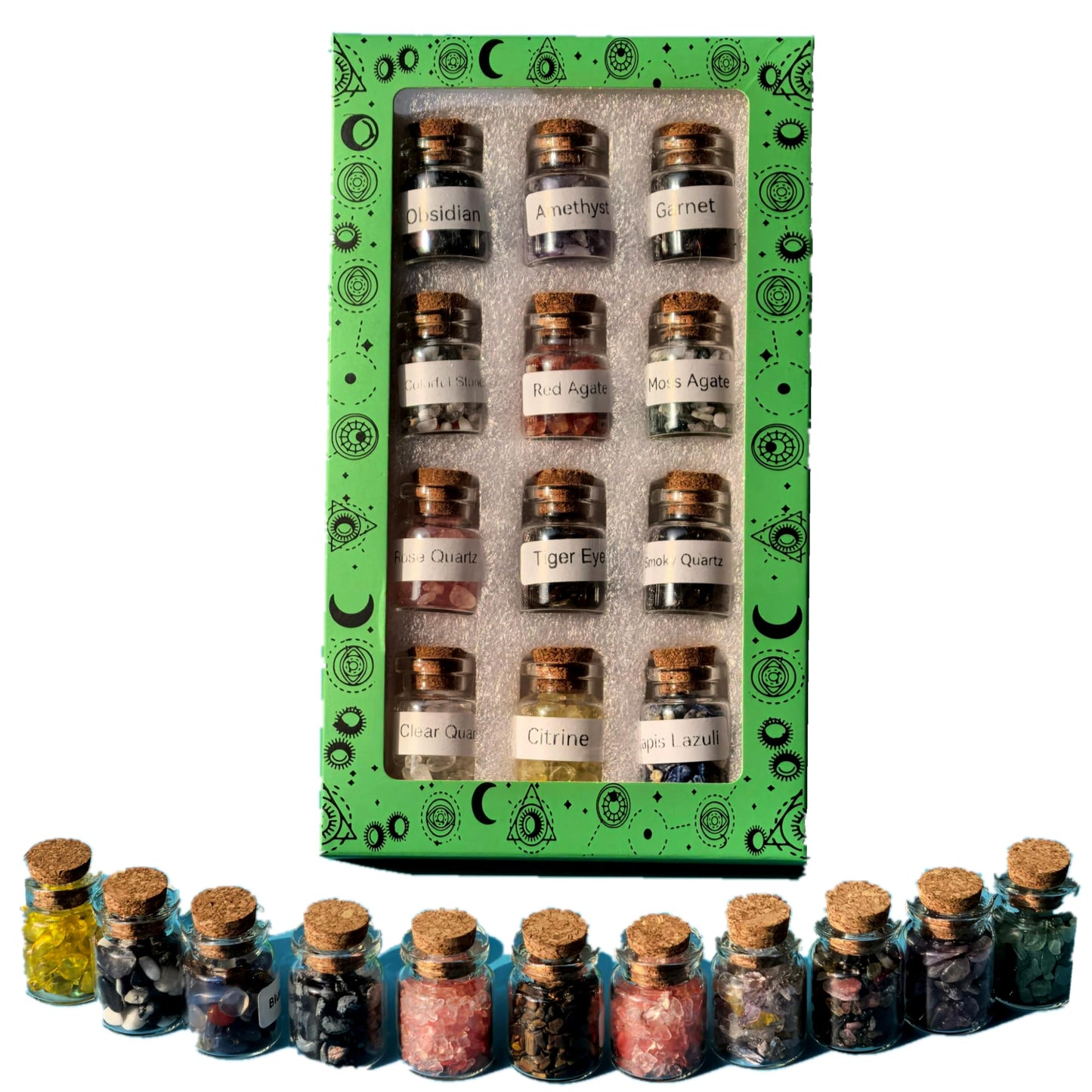 Crystal Bottles，Tumbled Gemstone Chips for Reiki Healing, Chakra Balancing Meditation，Natural Stones for Witchcraft, Yoga Therapy (12 Kinds Gift Box)