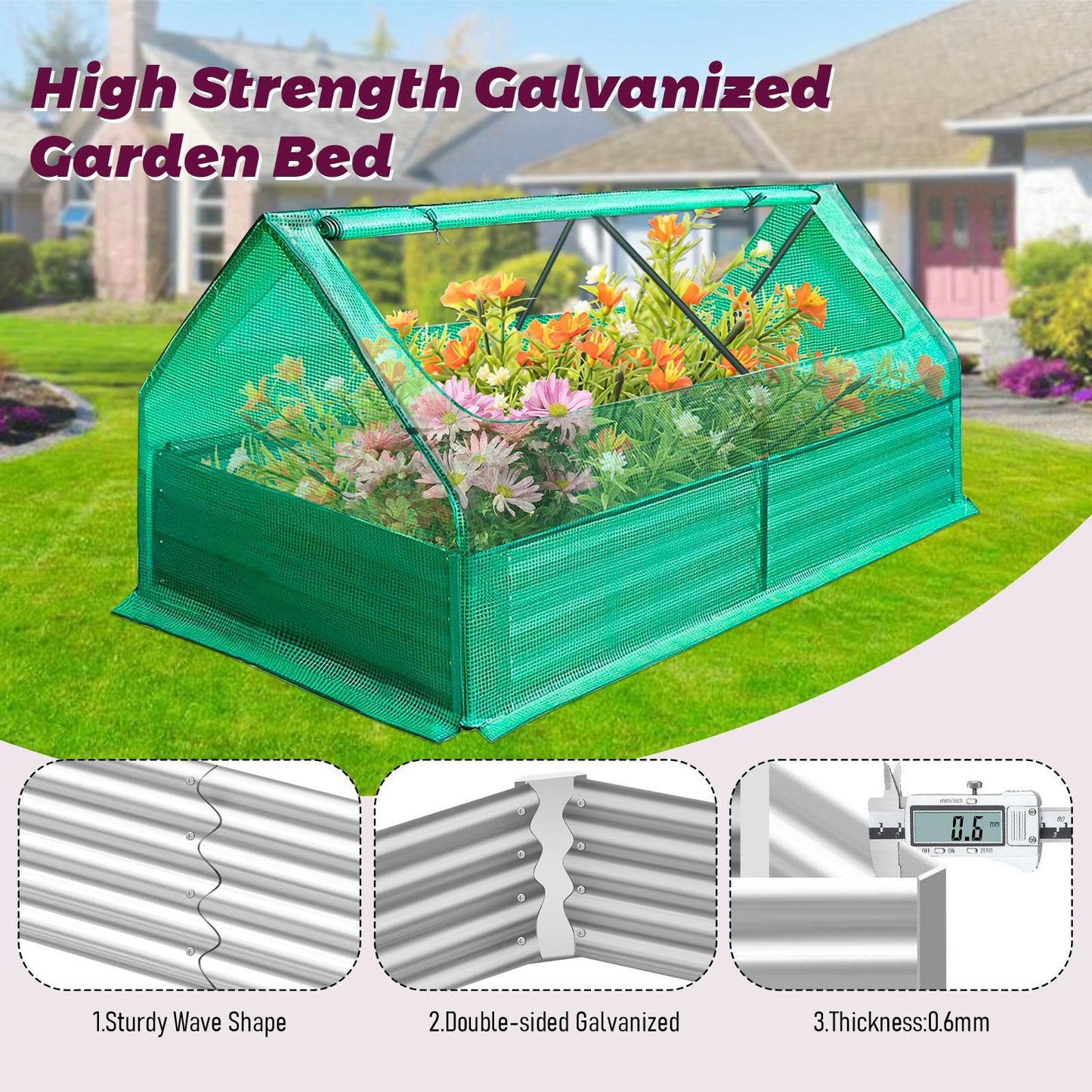 Galvanized Raised Garden Bed with Cover, 6x3x1ft Bottomless Box Metal Planter with Dual 2-Tier Roll-Up Windows, Mini Greenhouse for Patio Garden Outdoor Growing Vegetables (Green)