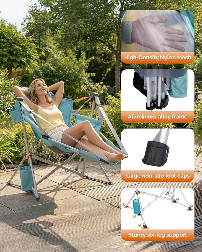 KingCamp Hammock Chair with Footrest – Heavy Duty Swinging Rocking Camping Chairs for Adults up to 400lbs, Folding Portable Oversized Rocker with Cup Holder & Pillow for Outdoor Beach Lawn RV Sports