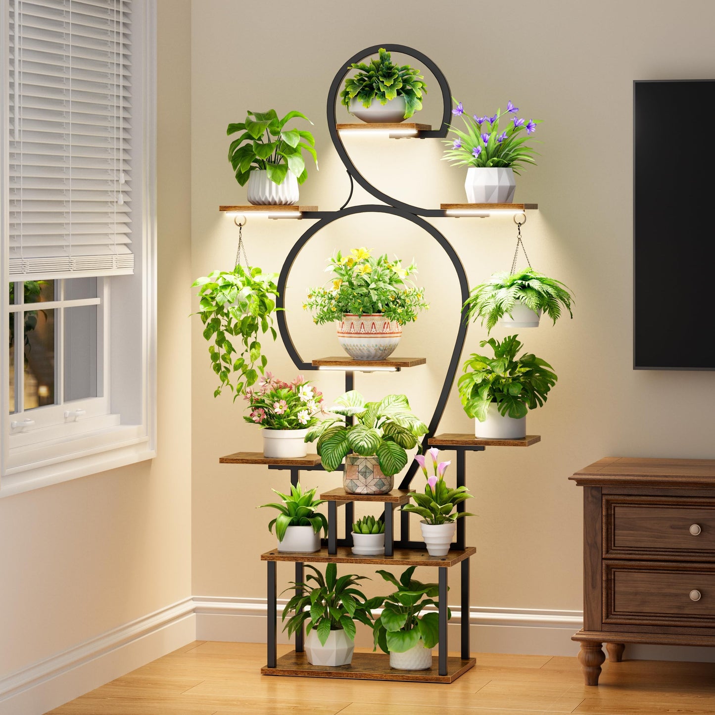 POZILAN Plant Stand Indoor with Grow Lights, 63'' Tall Indoor Plant Shelf, 9 Tiered Lighted Plant Stands for Living Room, Metal & Wood Corner Large Flower Holder for Alcony, Patio & Home, Black