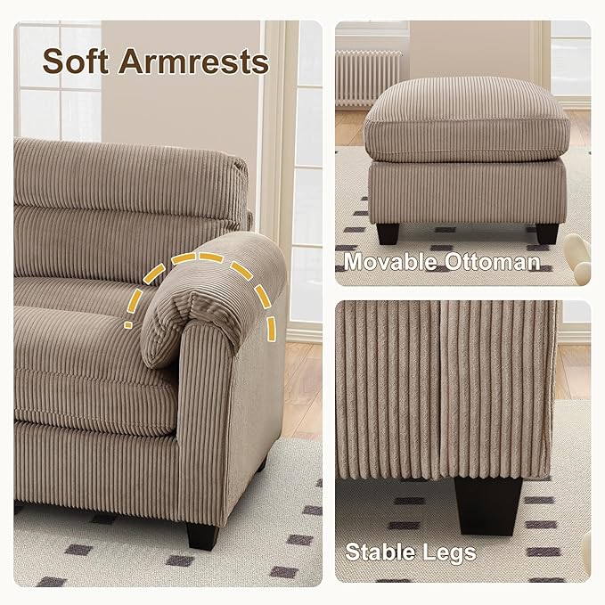 HAOMARKETS Corduroy Sofa Set, Upholstered 3-Seater Couch