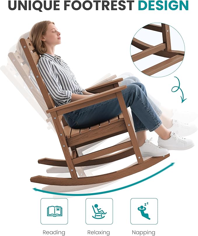 SERWALL Outdoor Rocking Chair Set of 4, Oversized HDPE Patio Rocking Chair with Footrest for Adults, All Weather Porch Rocker for Deck Patio Balcony, Brown