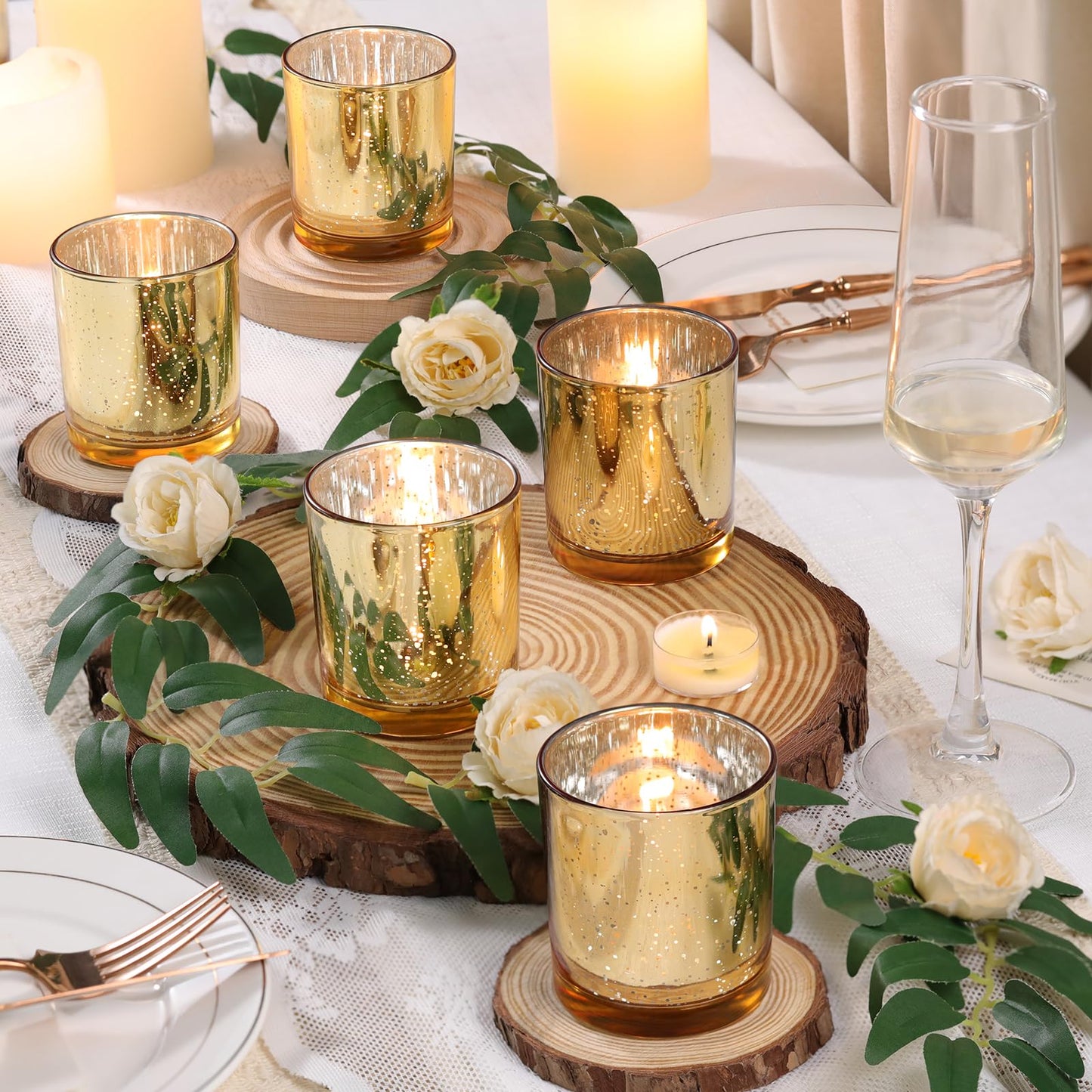 DARJEN Larger Gold Votive Candle Holders Set of 6- Tea Light Candle Holder Glass, Gold Candle Holders for Wedding, Table Centerpiece, Party and Holiday Decorations