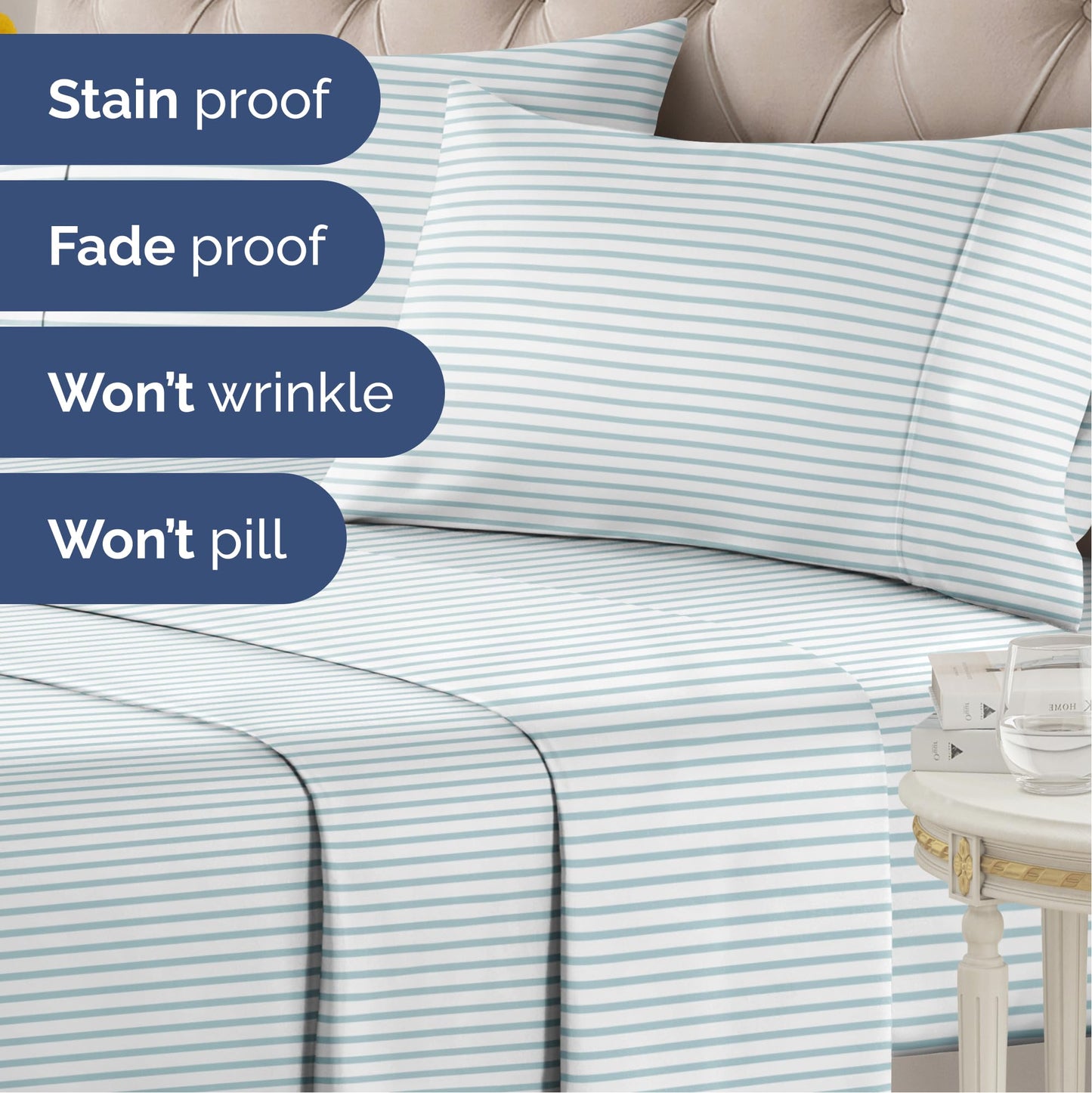 Striped Sheets - Blue & White Striped Sheets - 1 Flat & 1 Fitted & 1 Pillowcase w/ Deep Pockets – Wrinkle & Fade Resistant - Ultra-Soft, Breathable & Cooling - Luxury Pinstripe Bedding - Twin Size Set