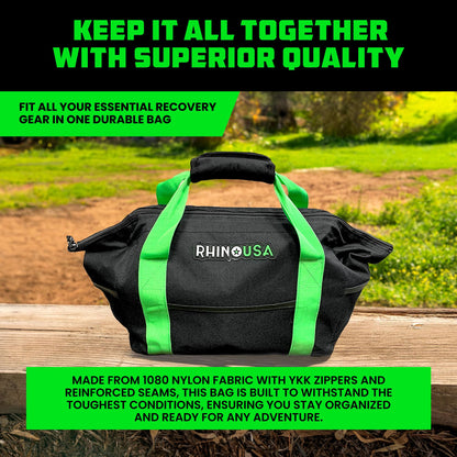 Rhino USA Heavy Duty Recovery Gear Storage Bag - Ultimate Recovery Kit Equipment Bag For Off-Road Gear and 4x4 Accessories - Fits Tow Straps, Shackles, Snatch Block, and UTV Accessories(Green)