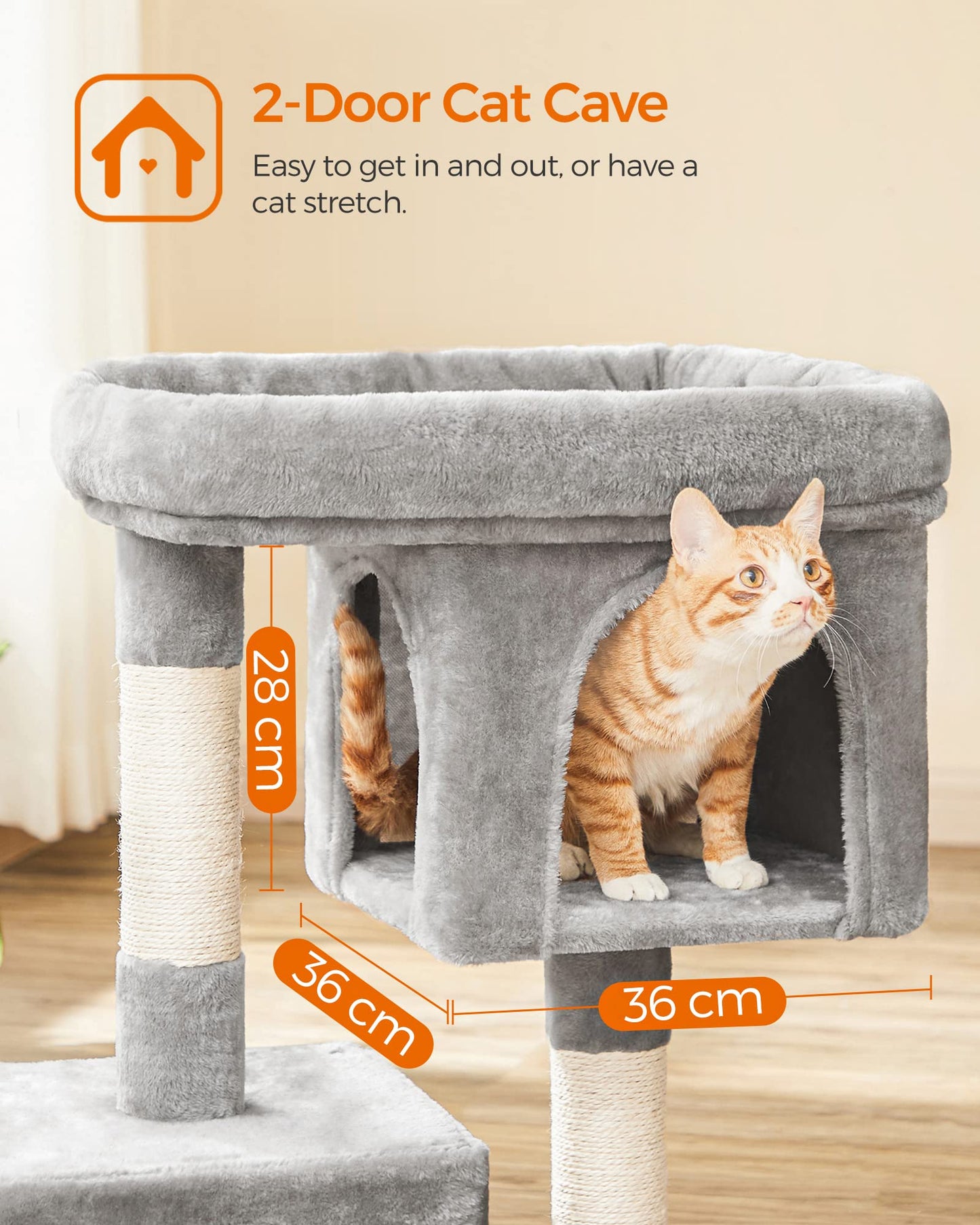 Feandrea Cat Tree, 84 cm Tower, L, Perch Condo for Large Cats up to 7 kg, 2 Caves, Scratching Post, Light Grey PCT61W