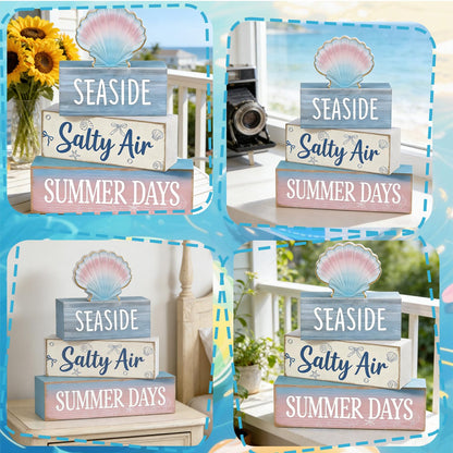 4 Pcs Seaside Beach Tiered Tray Decor Rustic Wooden Nautical Centerpiece with Salty Air Summer Days Sign Farmhouse Coastal Room Decor Summer Tiered Tray Decor