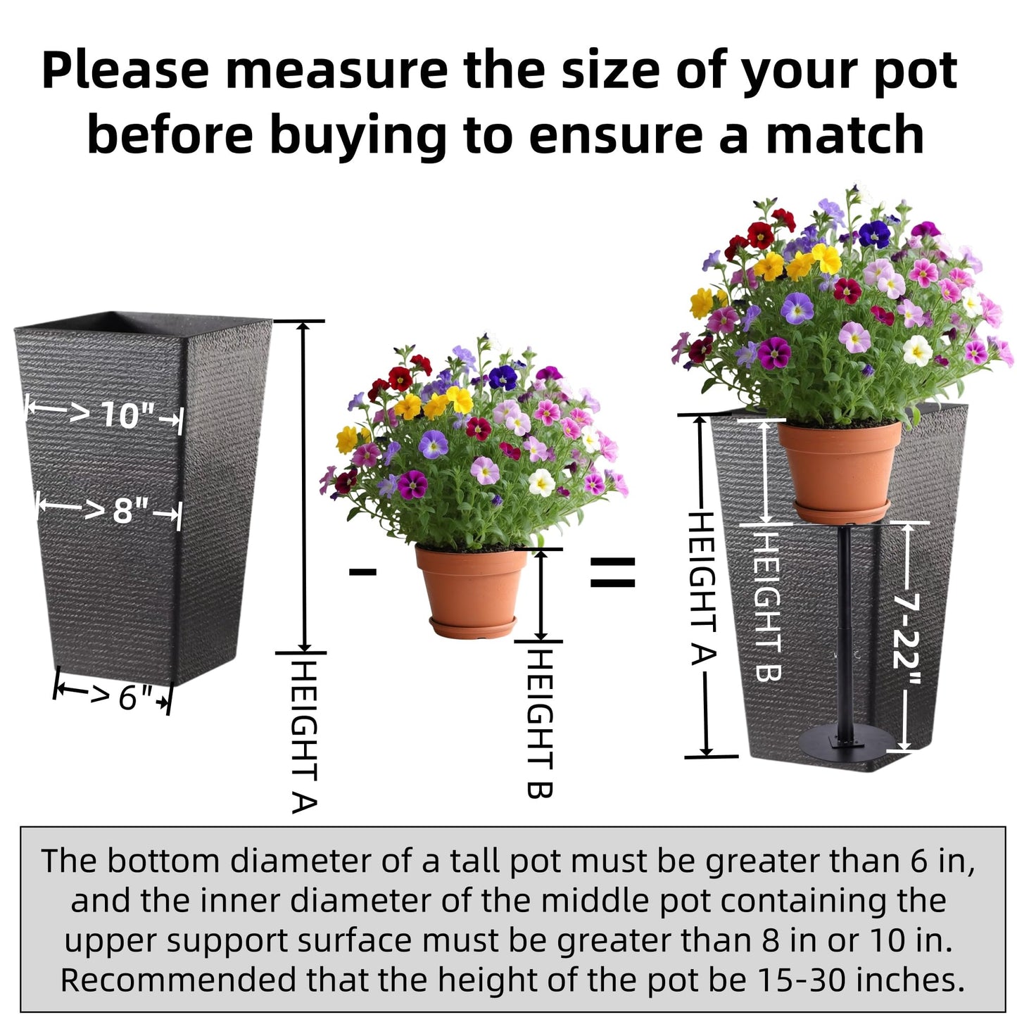 ZSHIGANMA 4 Pack Plant Risers for Inside Pots, Adjustable Height 7-22" Metal Planter Lift Inserts Fillers Risers for Indoor Outdoor Large Tall Taper Planter Flower Pot (6" Base,8",10" Top,Black)