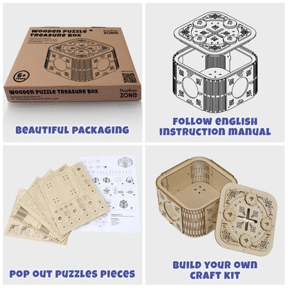 3D Wooden Puzzle Treasure Box Kit with Working Combination Lock and Secret Compartment, Laser-Cut Mechanical Model Craft, DIY Brain Teaser Gift for Adults, Teens and Kids Ages 6 and Up